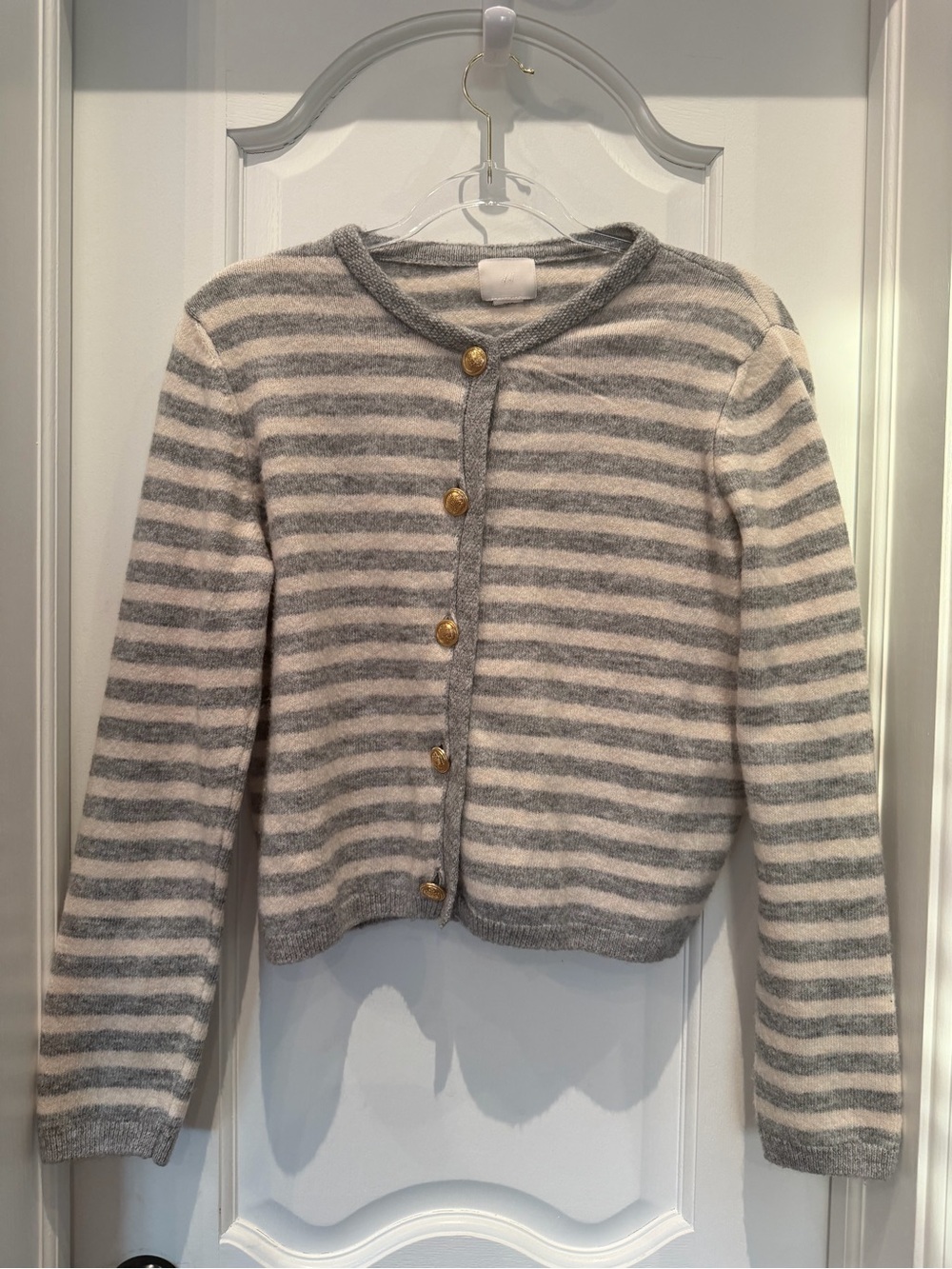 ZARA Striped Crewneck Button Cardigan in Gray and Cream